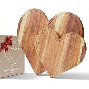 New - Set of 2 Heart Charcuterie Boards - Acacia Wood Cutting Heart Shaped Charc